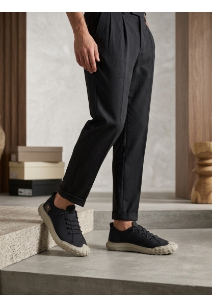 LVO0248 LVO Siyah Bej Taban Esnek Bağcıklı Ultra Hafif Nefes Alan Sneaker Ayakkabı
