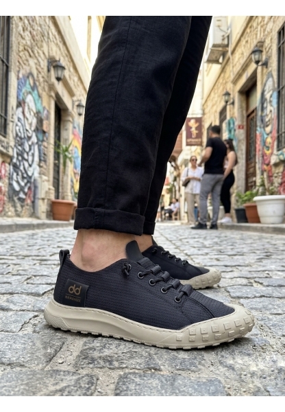 LVO0248 LVO Siyah Bej Taban Esnek Bağcıklı Ultra Hafif Nefes Alan Sneaker Ayakkabı