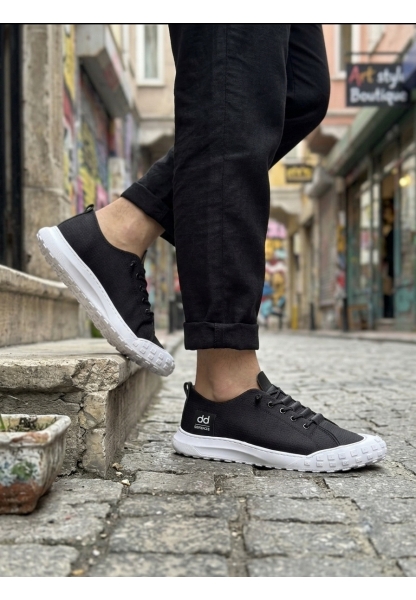 LVO0248 LVO Siyah Beyaz Taban Esnek Bağcıklı Ultra Hafif Nefes Alan Sneaker Ayakkabı