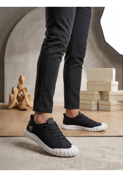 LVO0248 LVO Siyah Beyaz Taban Esnek Bağcıklı Ultra Hafif Nefes Alan Sneaker Ayakkabı