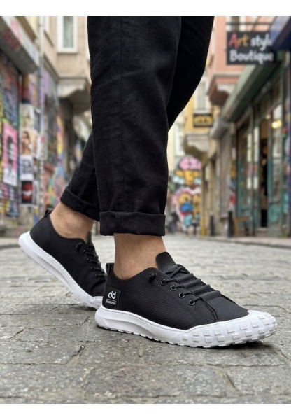 LVO0248 LVO Siyah Beyaz Taban Esnek Bağcıklı Ultra Hafif Nefes Alan Sneaker Ayakkabı