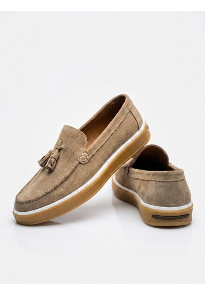 LVO0250 %100 İçi Dışı Hakiki Deri Erkek Bej Süet Casual Loafer Püskül Detaylı Kauçuk Rahat Taban Dikişli Ayakkabı