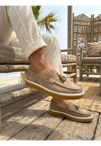 LVO0250 %100 İçi Dışı Hakiki Deri Erkek Bej Süet Casual Loafer Püskül Detaylı Kauçuk Rahat Taban Dikişli Ayakkabı