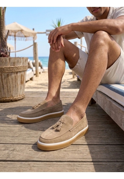 LVO0250 %100 İçi Dışı Hakiki Deri Erkek Bej Süet Casual Loafer Püskül Detaylı Kauçuk Rahat Taban Dikişli Ayakkabı