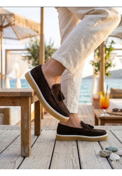 LVO0250 %100 İçi Dışı Hakiki Deri Erkek Kahverengi Süet Casual Loafer Püskül Detaylı Kauçuk Rahat Taban Dikişli Ayakkabı