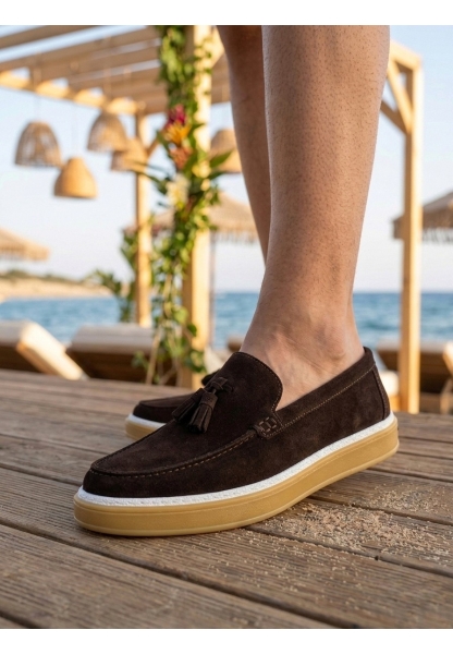 LVO0250 %100 İçi Dışı Hakiki Deri Erkek Kahverengi Süet Casual Loafer Püskül Detaylı Kauçuk Rahat Taban Dikişli Ayakkabı