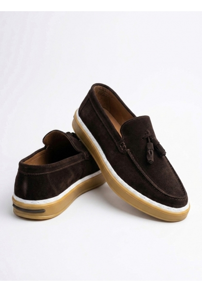 LVO0250 %100 İçi Dışı Hakiki Deri Erkek Kahverengi Süet Casual Loafer Püskül Detaylı Kauçuk Rahat Taban Dikişli Ayakkabı