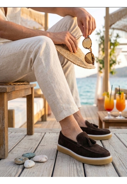 LVO0250 %100 İçi Dışı Hakiki Deri Erkek Kahverengi Süet Casual Loafer Püskül Detaylı Kauçuk Rahat Taban Dikişli Ayakkabı