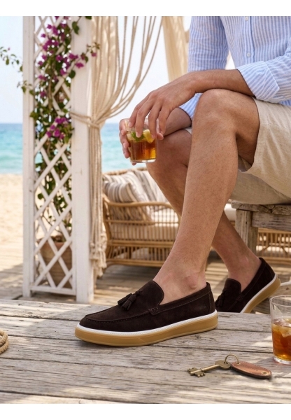 LVO0250 %100 İçi Dışı Hakiki Deri Erkek Kahverengi Süet Casual Loafer Püskül Detaylı Kauçuk Rahat Taban Dikişli Ayakkabı