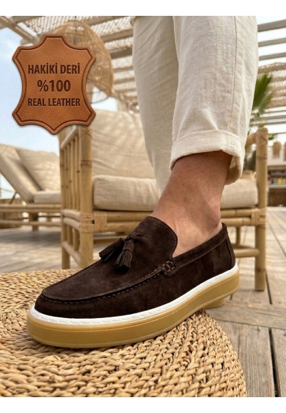 LVO0250 %100 İçi Dışı Hakiki Deri Erkek Kahverengi Süet Casual Loafer Püskül Detaylı Kauçuk Rahat Taban Dikişli Ayakkabı