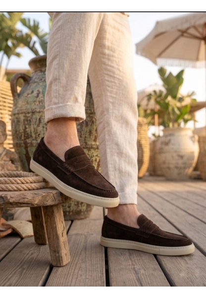 LVO0251 %100 İçi Dışı Hakiki Deri Erkek Kahverengi Süet Casual Loafer Kauçuk Rahat Taban Dikişli Ayakkabı