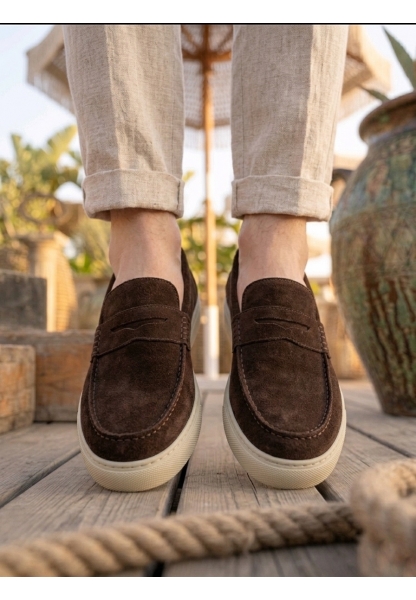 LVO0251 %100 İçi Dışı Hakiki Deri Erkek Kahverengi Süet Casual Loafer Kauçuk Rahat Taban Dikişli Ayakkabı