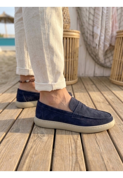 LVO0251 %100 İçi Dışı Hakiki Deri Erkek Lacivert Süet Casual Loafer Kauçuk Rahat Taban Dikişli Ayakkabı