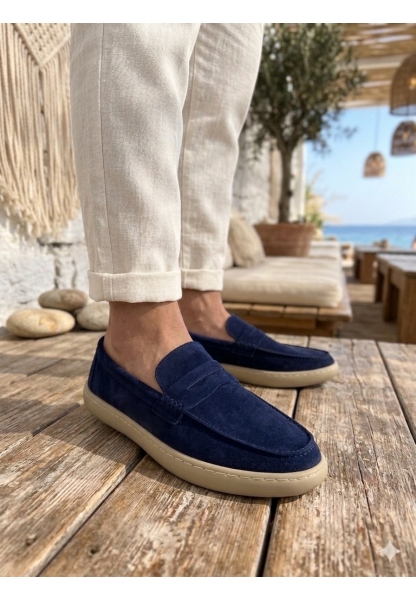 LVO0251 %100 İçi Dışı Hakiki Deri Erkek Lacivert Süet Casual Loafer Kauçuk Rahat Taban Dikişli Ayakkabı