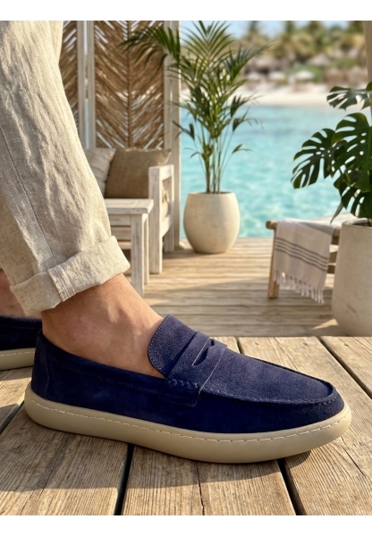 LVO0251 %100 İçi Dışı Hakiki Deri Erkek Lacivert Süet Casual Loafer Kauçuk Rahat Taban Dikişli Ayakkabı