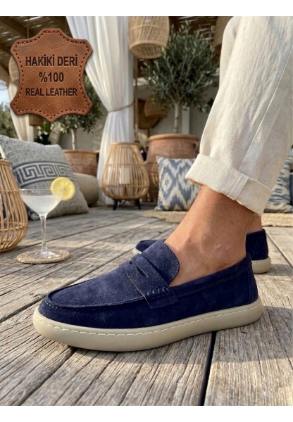 LVO0251 %100 İçi Dışı Hakiki Deri Erkek Lacivert Süet Casual Loafer Kauçuk Rahat Taban Dikişli Ayakkabı