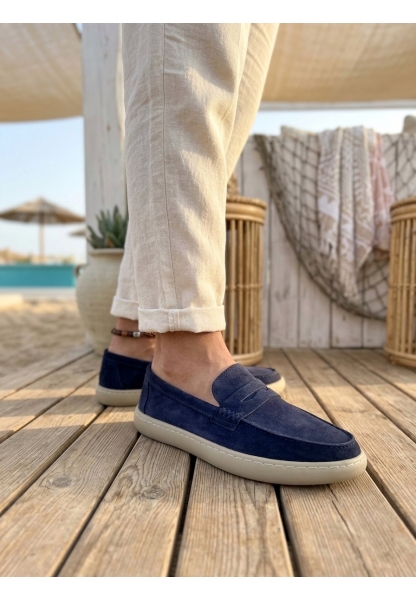 LVO0251 %100 İçi Dışı Hakiki Deri Erkek Lacivert Süet Casual Loafer Kauçuk Rahat Taban Dikişli Ayakkabı