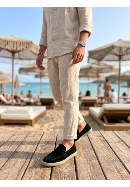 LVO0251 %100 İçi Dışı Hakiki Deri Erkek Siyah Süet Casual Loafer Kauçuk Rahat Taban Dikişli Ayakkabı