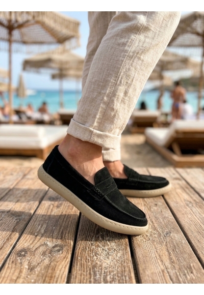 LVO0251 %100 İçi Dışı Hakiki Deri Erkek Siyah Süet Casual Loafer Kauçuk Rahat Taban Dikişli Ayakkabı
