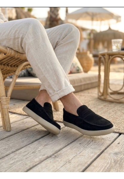 LVO0251 %100 İçi Dışı Hakiki Deri Erkek Siyah Süet Casual Loafer Kauçuk Rahat Taban Dikişli Ayakkabı