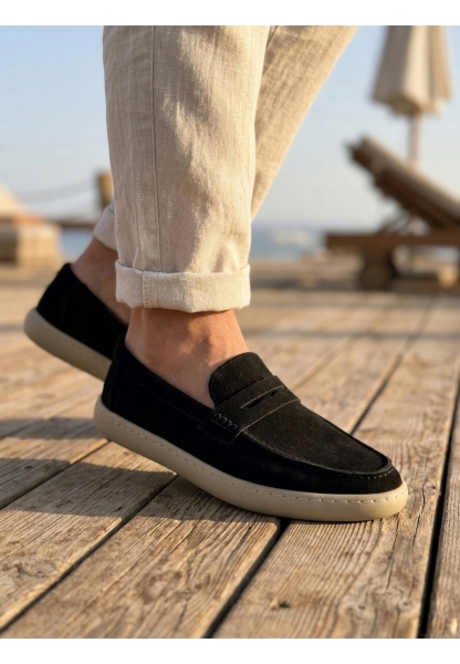 LVO0251 %100 İçi Dışı Hakiki Deri Erkek Siyah Süet Casual Loafer Kauçuk Rahat Taban Dikişli Ayakkabı