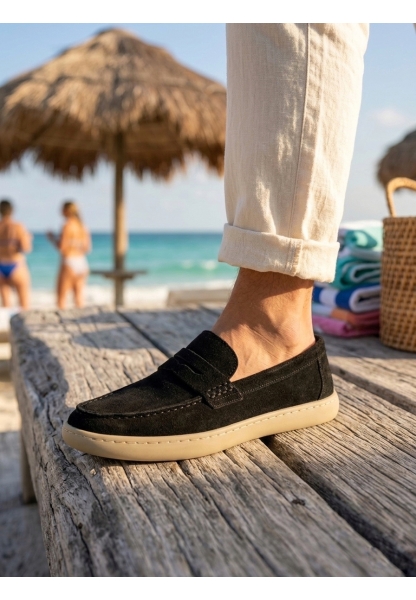 LVO0251 %100 İçi Dışı Hakiki Deri Erkek Siyah Süet Casual Loafer Kauçuk Rahat Taban Dikişli Ayakkabı