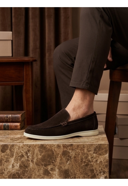 LVO0252 %100 İçi Dışı Hakiki Deri Erkek Kahverengi Süet Casual Loafer Termo Taban Ayakkabı