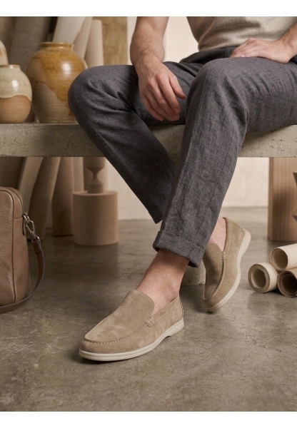LVO0252 %100 İçi Dışı Hakiki Deri Erkek Krem Süet Casual Loafer Termo Taban Ayakkabı