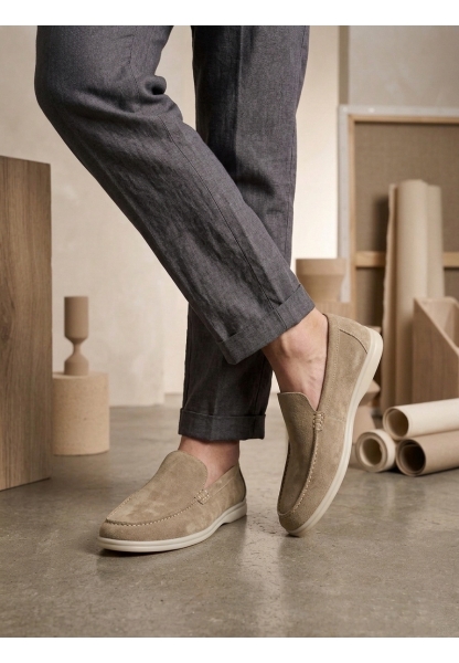LVO0252 %100 İçi Dışı Hakiki Deri Erkek Krem Süet Casual Loafer Termo Taban Ayakkabı