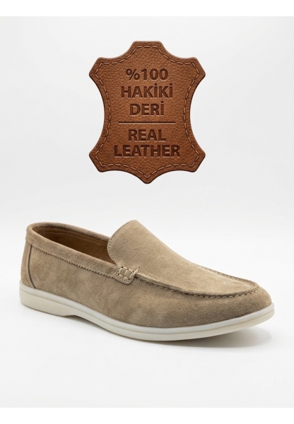 LVO0252 %100 İçi Dışı Hakiki Deri Erkek Krem Süet Casual Loafer Termo Taban Ayakkabı