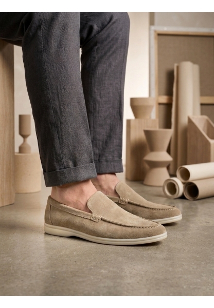 LVO0252 %100 İçi Dışı Hakiki Deri Erkek Krem Süet Casual Loafer Termo Taban Ayakkabı
