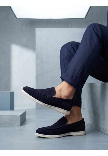 LVO0252 %100 İçi Dışı Hakiki Deri Erkek Lacivert Süet Casual Loafer Termo Taban Ayakkabı