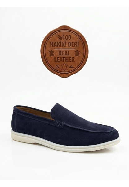 LVO0252 %100 İçi Dışı Hakiki Deri Erkek Lacivert Süet Casual Loafer Termo Taban Ayakkabı