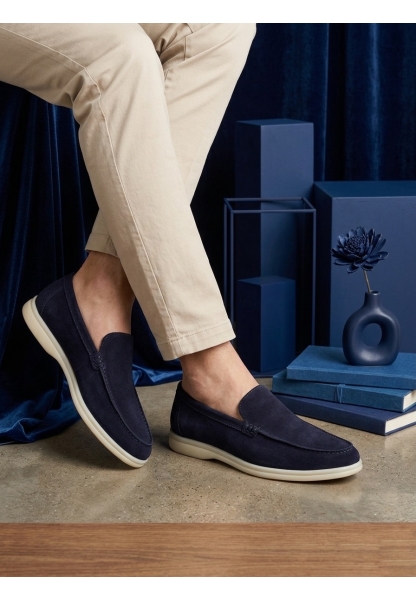 LVO0252 %100 İçi Dışı Hakiki Deri Erkek Lacivert Süet Casual Loafer Termo Taban Ayakkabı