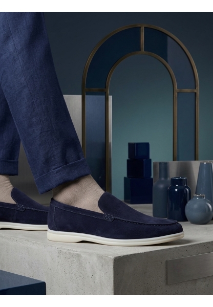 LVO0252 %100 İçi Dışı Hakiki Deri Erkek Lacivert Süet Casual Loafer Termo Taban Ayakkabı