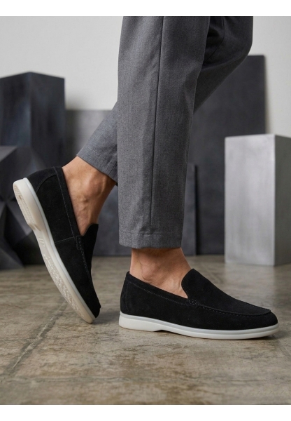 LVO0252 %100 İçi Dışı Hakiki Deri Erkek Siyah Süet Casual Loafer Termo Taban Ayakkabı