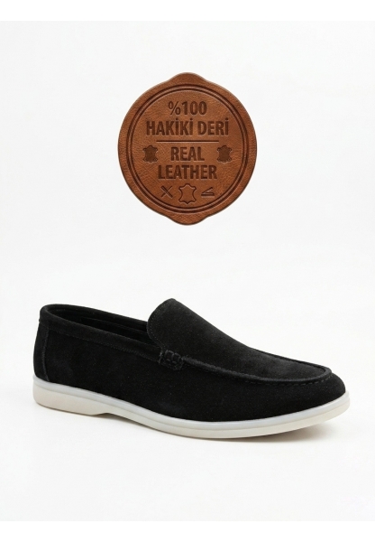 LVO0252 %100 İçi Dışı Hakiki Deri Erkek Siyah Süet Casual Loafer Termo Taban Ayakkabı