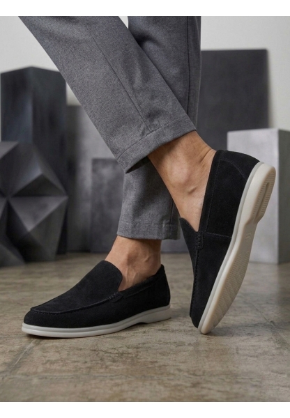 LVO0252 %100 İçi Dışı Hakiki Deri Erkek Siyah Süet Casual Loafer Termo Taban Ayakkabı