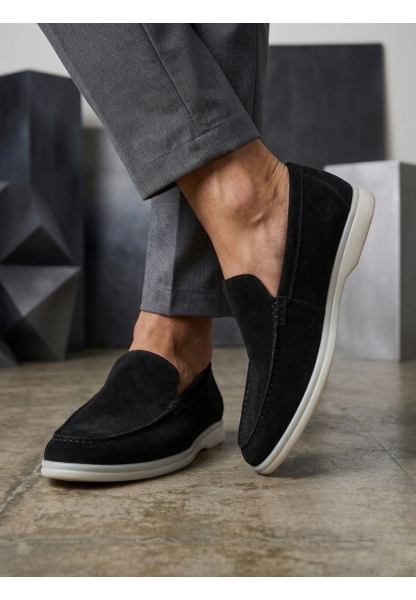 LVO0252 %100 İçi Dışı Hakiki Deri Erkek Siyah Süet Casual Loafer Termo Taban Ayakkabı