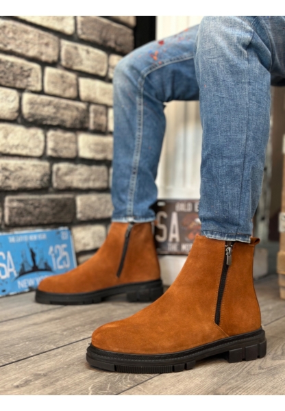 LVO0315 İçi Dışı Hakiki Deri Süet Taba Çift Fermuarlı Erkek Yarım Bilek Bot