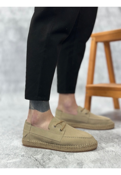 LVO0358 LVO Doğal Deri Tozu Bağcıklı Kauçuk El Yapımı Espadril Taban Bej Renk Erkek Ayakkabı