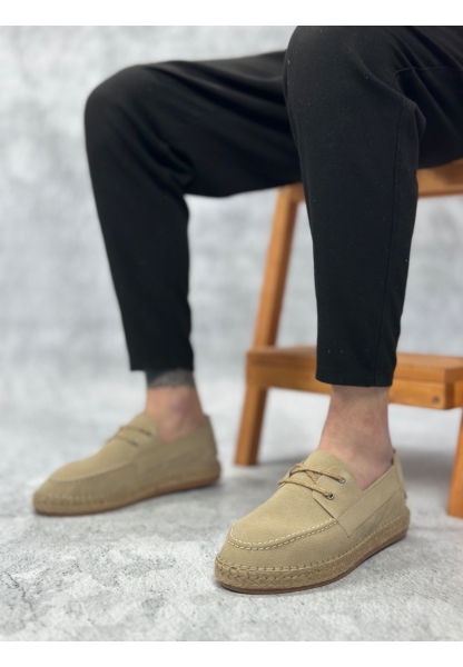 LVO0358 LVO Doğal Deri Tozu Bağcıklı Kauçuk El Yapımı Espadril Taban Bej Renk Erkek Ayakkabı