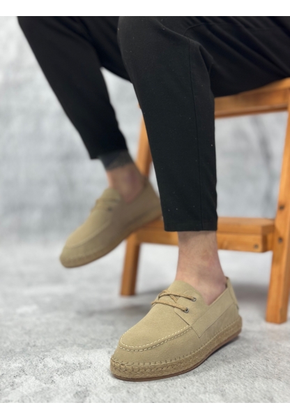 LVO0358 LVO Doğal Deri Tozu Bağcıklı Kauçuk El Yapımı Espadril Taban Bej Renk Erkek Ayakkabı