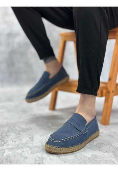 LVO0358 LVO Doğal Deri Tozu Bağcıklı Kauçuk El Yapımı Espadril Taban Mavi Renk Erkek Ayakkabı
