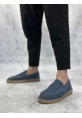 LVO0358 LVO Doğal Deri Tozu Bağcıklı Kauçuk El Yapımı Espadril Taban Mavi Renk Erkek Ayakkabı