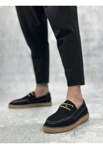 LVO0358 LVO Doğal Deri Tozu Bağcıklı Kauçuk El Yapımı Espadril Taban Siyah Renk Erkek Ayakkabı