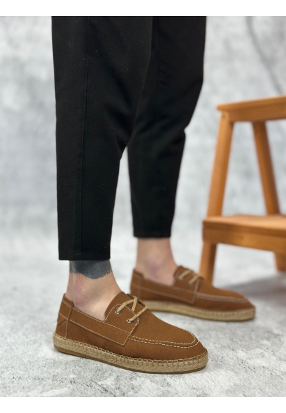 LVO0358 LVO Doğal Deri Tozu Bağcıklı Kauçuk El Yapımı Espadril Taban Taba Renk Erkek Ayakkabı
