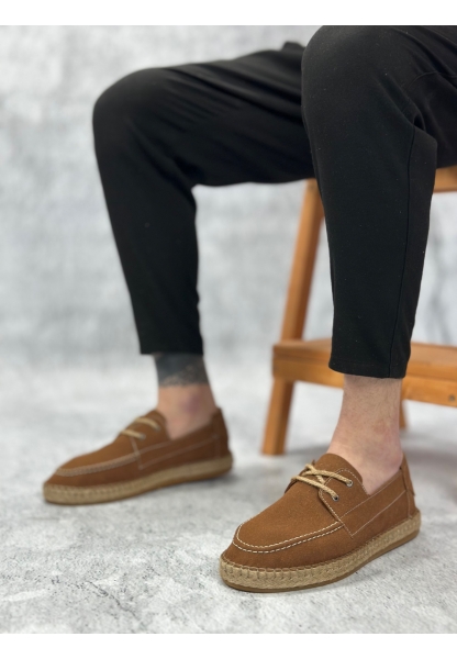 LVO0358 LVO Doğal Deri Tozu Bağcıklı Kauçuk El Yapımı Espadril Taban Taba Renk Erkek Ayakkabı