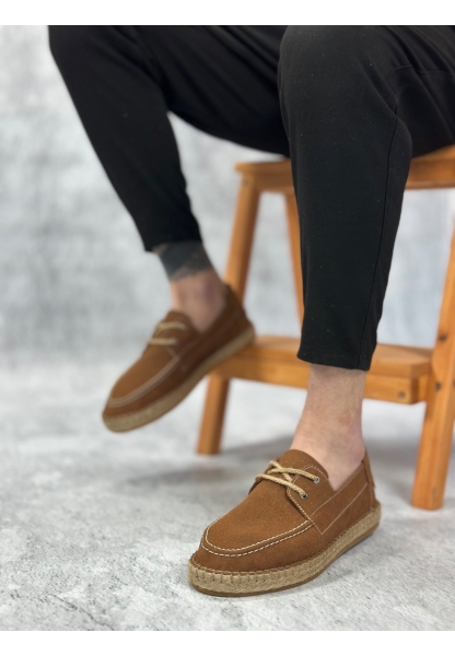 LVO0358 LVO Doğal Deri Tozu Bağcıklı Kauçuk El Yapımı Espadril Taban Taba Renk Erkek Ayakkabı