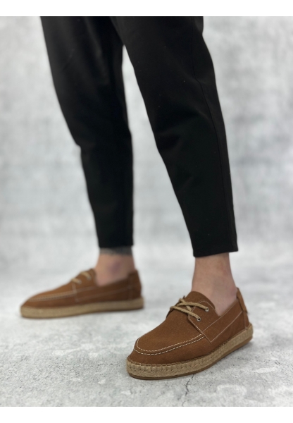 LVO0358 LVO Doğal Deri Tozu Bağcıklı Kauçuk El Yapımı Espadril Taban Taba Renk Erkek Ayakkabı